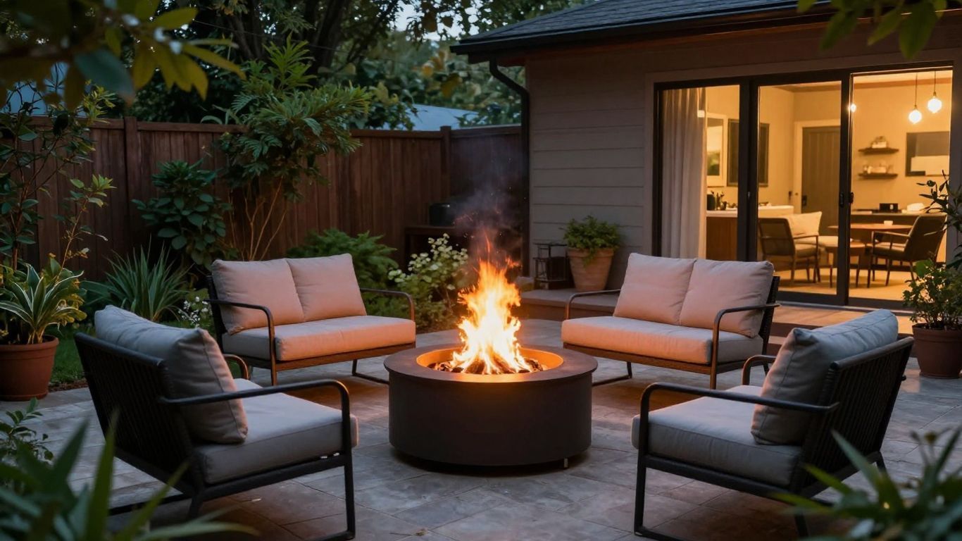Backyard patio with a lit fire pit surrounded by cushioned chairs at dusk, near a lit house and garden.