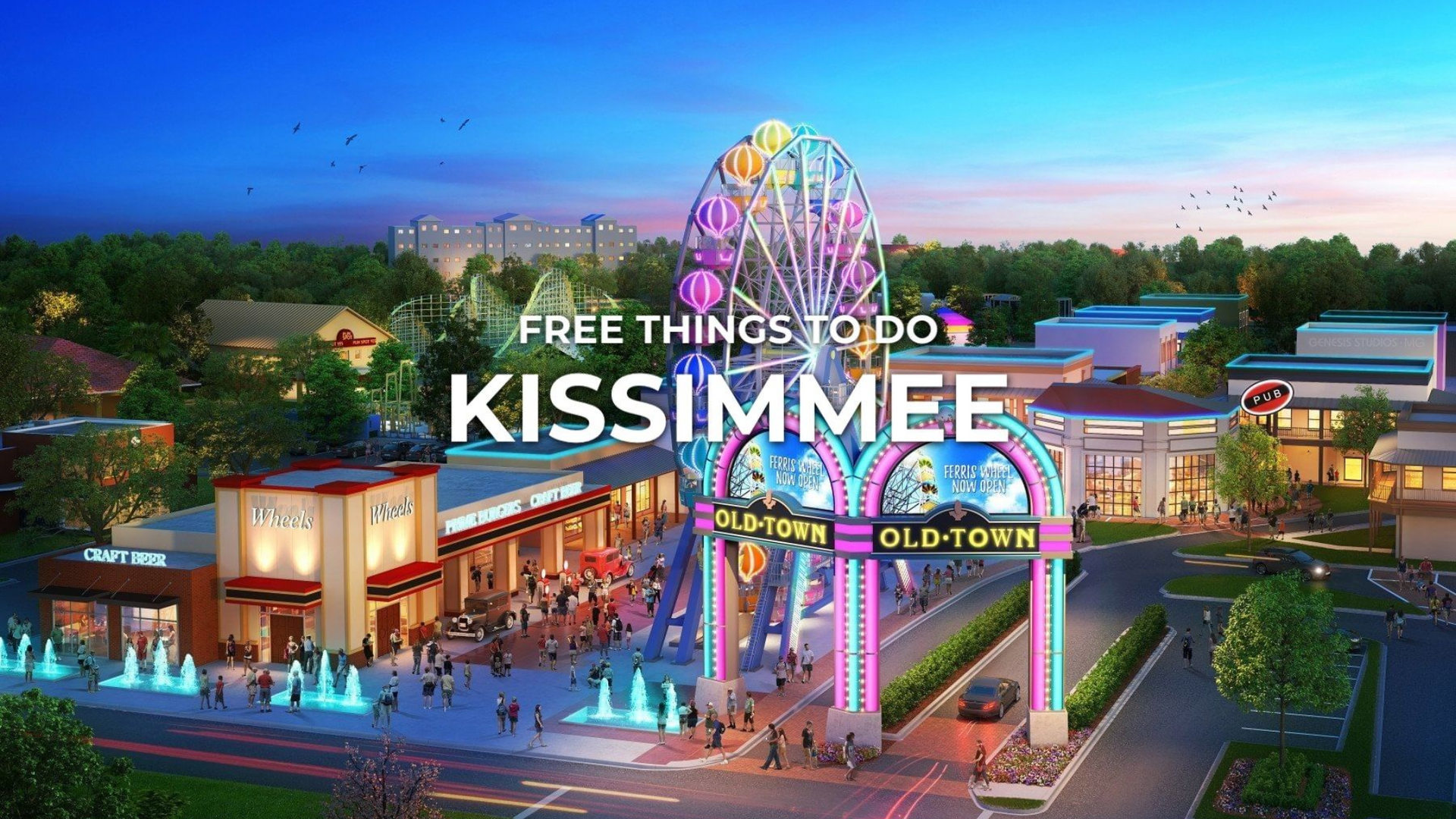 Old Town Kissimmee, Florida with Ferris wheel, archway, shops, and fountain.
