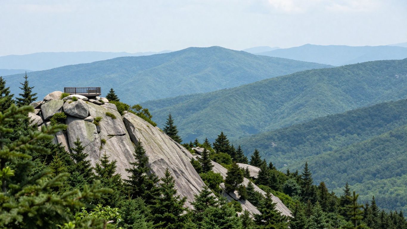 Rocky mountain summit with evergreen trees and layered blue ridges under a clear sky