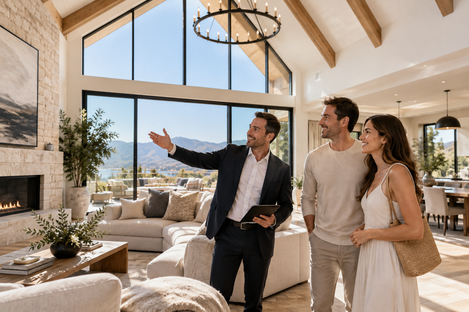 Luxury living room with a man showing a couple the mountain view through tall windows.