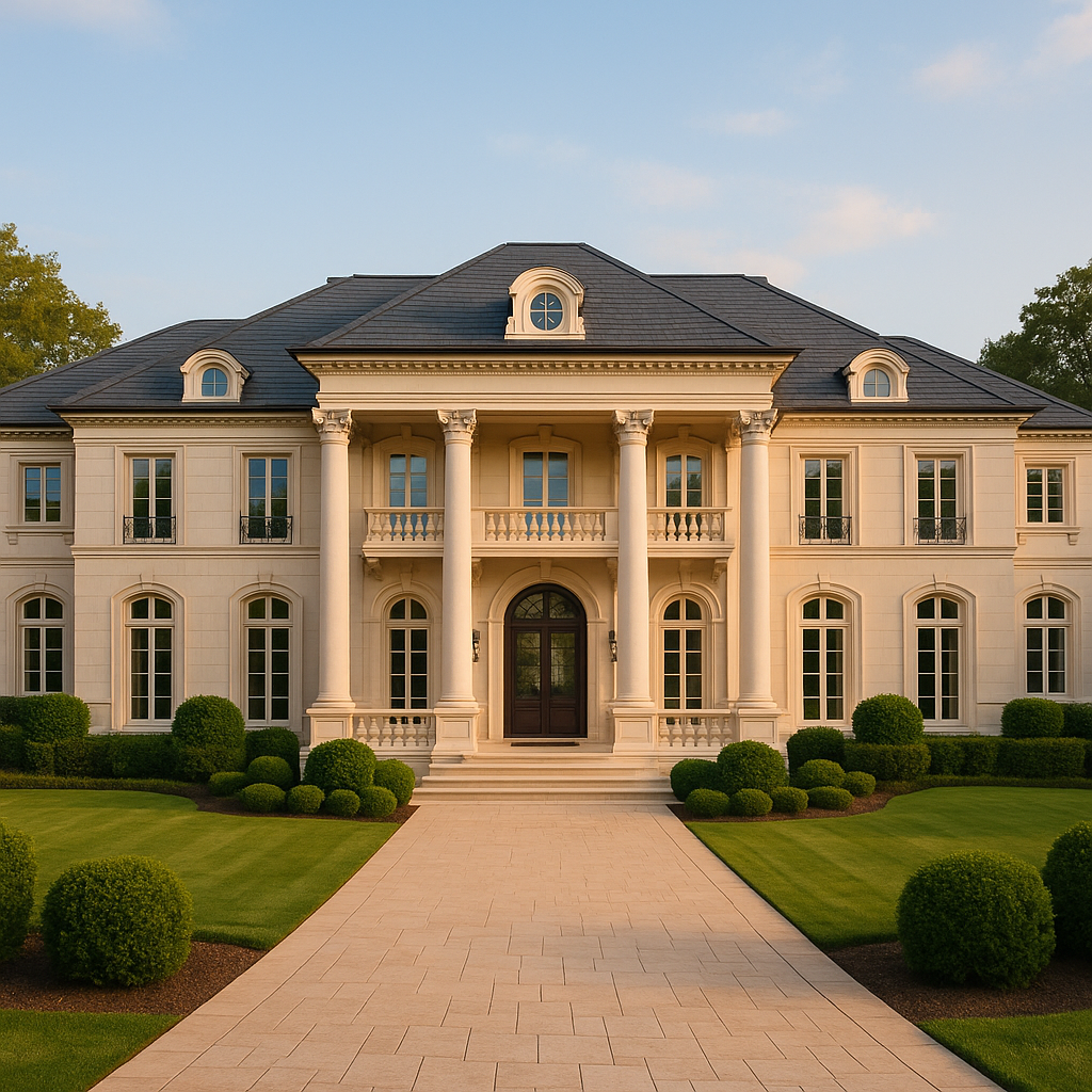 a beautiful, 2-story mansion with 4 columns surrounding the main entrance.