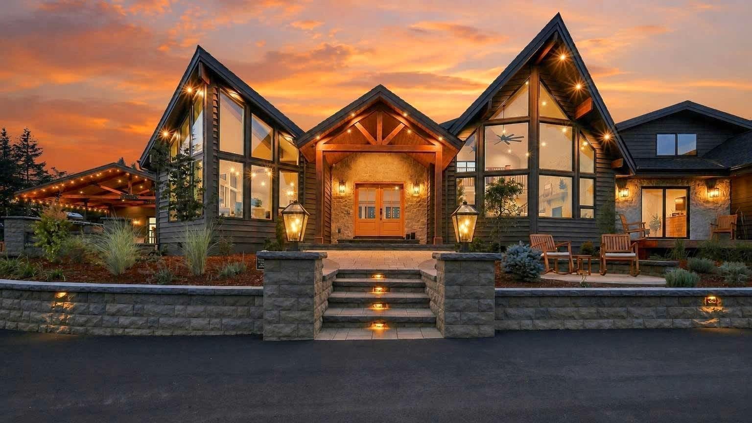 Modern stone-and-glass house with warm lights at sunset, front steps, and a dramatic orange sky