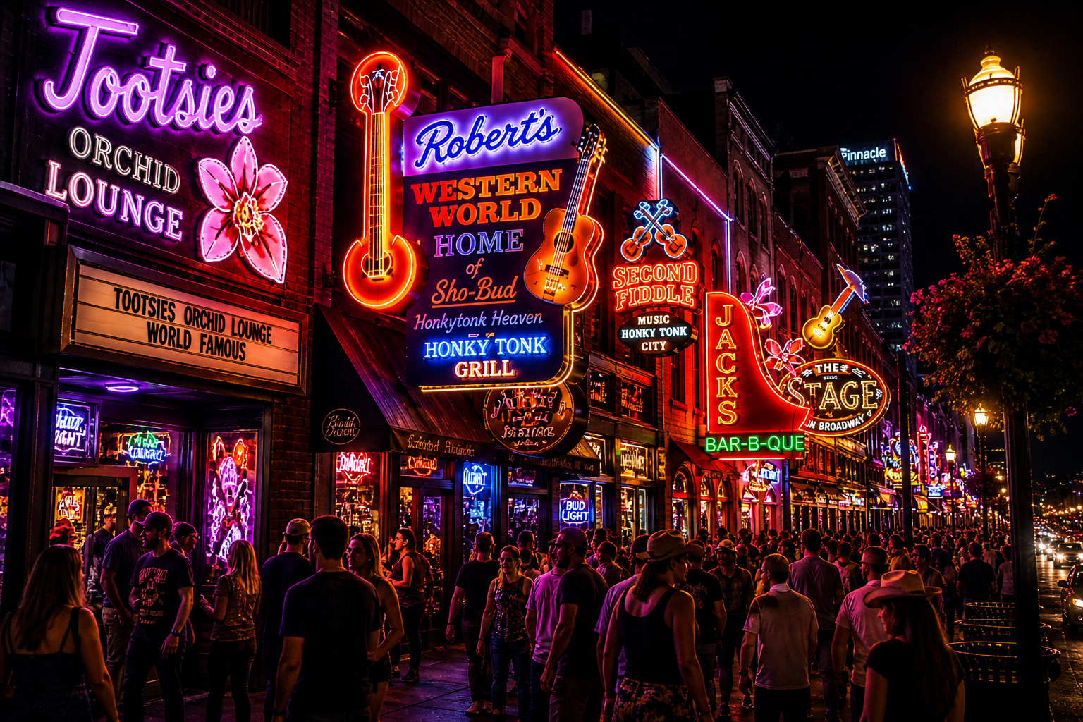 Neon-lit nightlife street with crowded sidewalks, glowing bar signs, and festive lights at dusk
