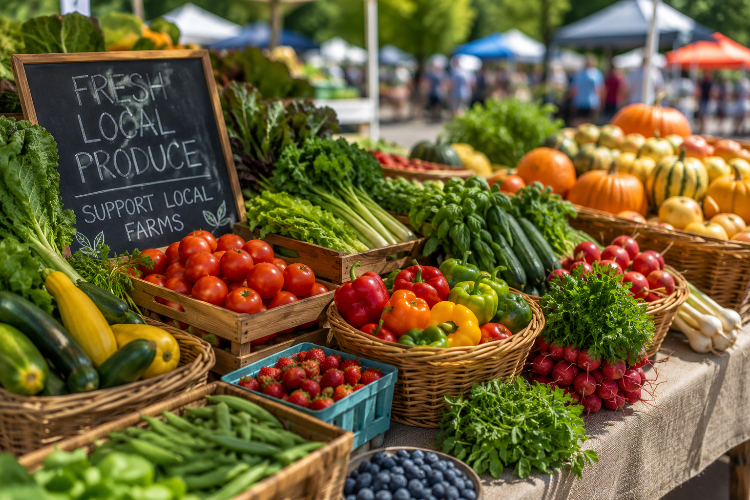 Farmers' market stall with baskets of fresh vegetables and fruit, plus a sign promoting local produce