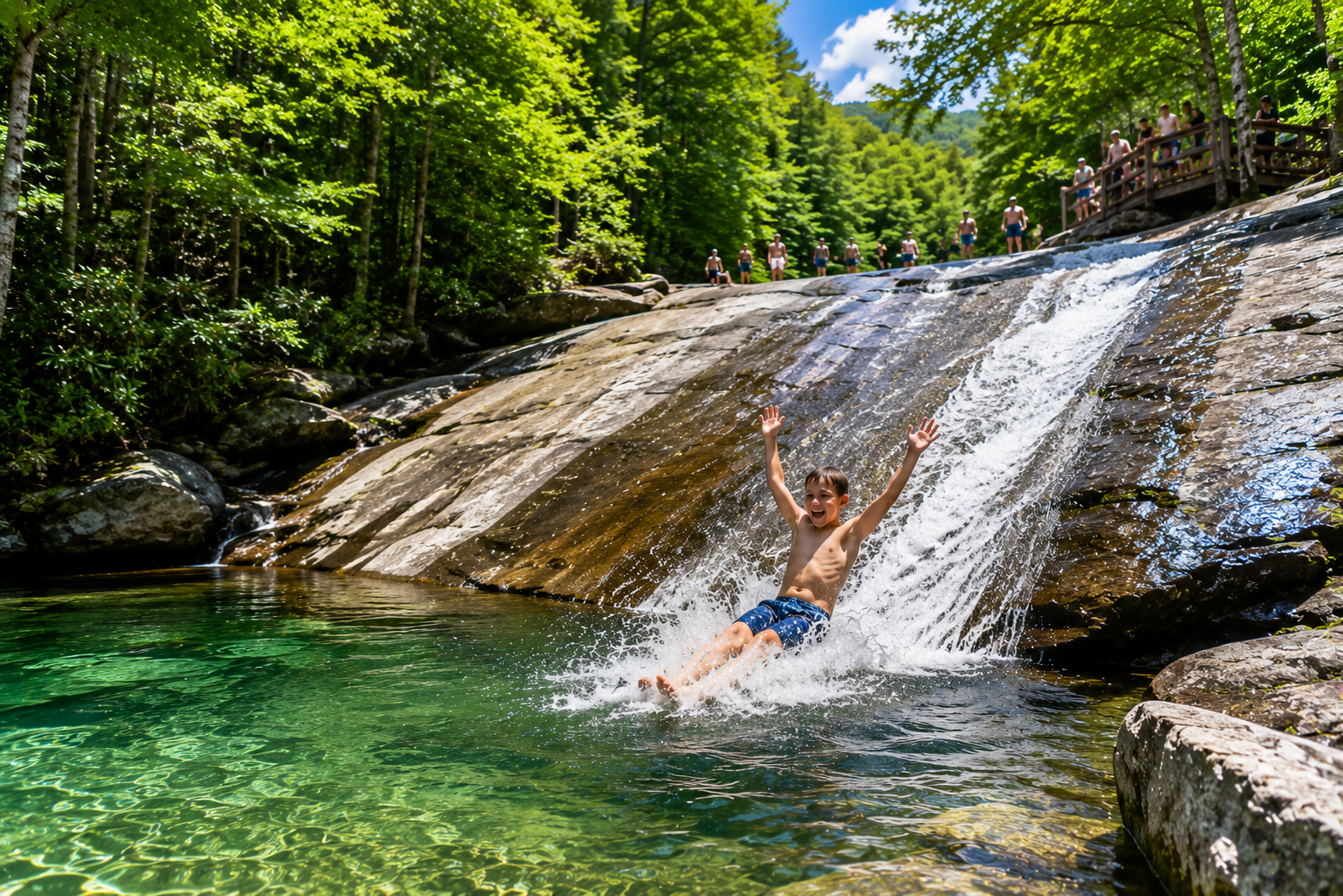 Person sliding down a rocky waterfall into a clear green pool in a forest