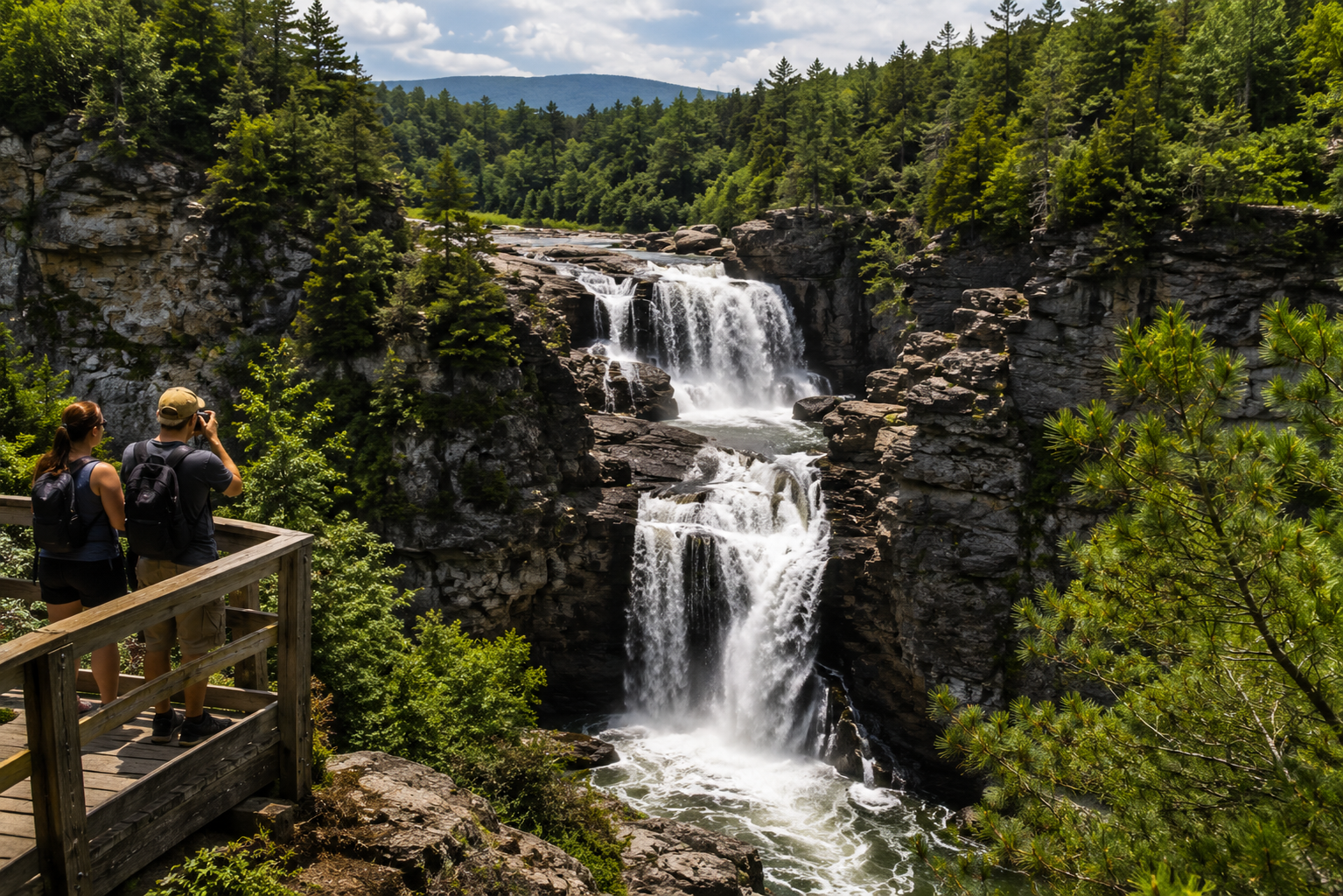 Waterfall cascading through rocky forest gorge, with two people viewing from a wooden lookout.