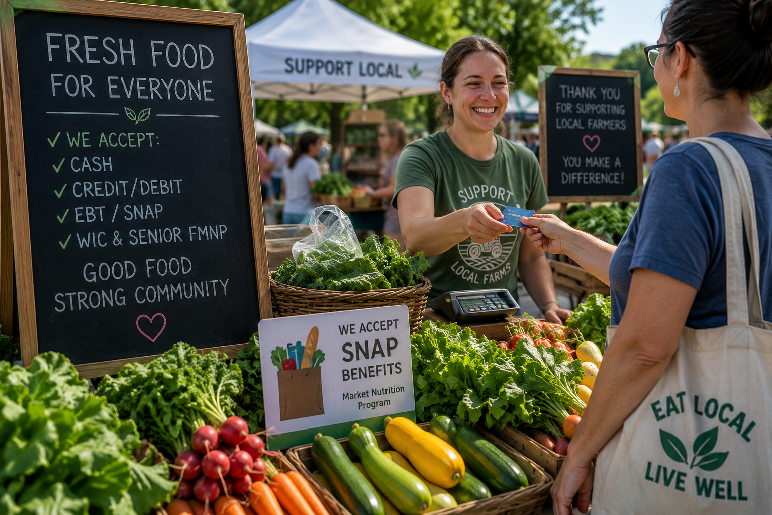 Farmers market stand with fresh produce and a smiling vendor offering vegetables
