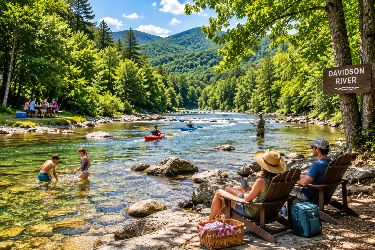 People relaxing and kayaking in a clear river by a forested mountain, with a Darwin River sign nearby