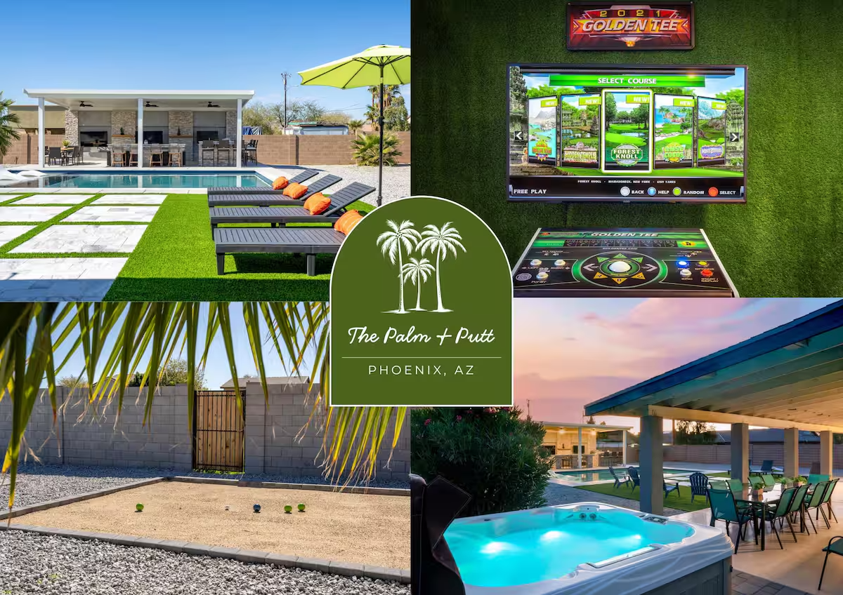 Luxury private villa collage with pool, patio, kitchen, and patio dining under umbrellas