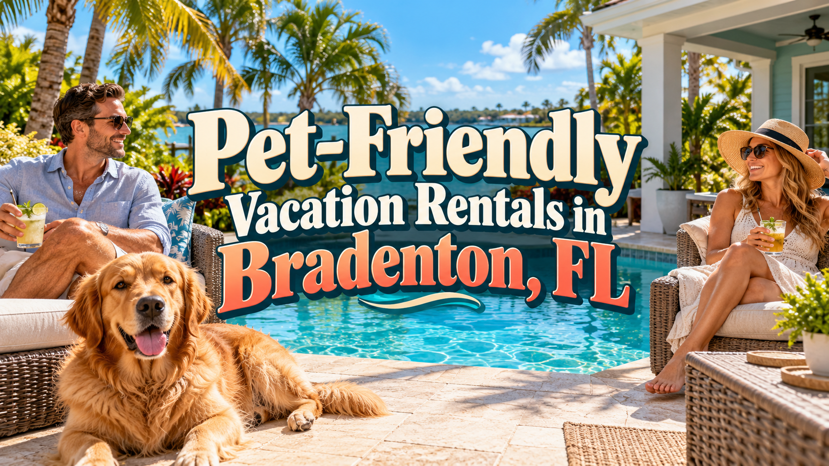 Pet-friendly vacation rentals in Bradenton, FL with dogs and people relaxing by a poolside patio