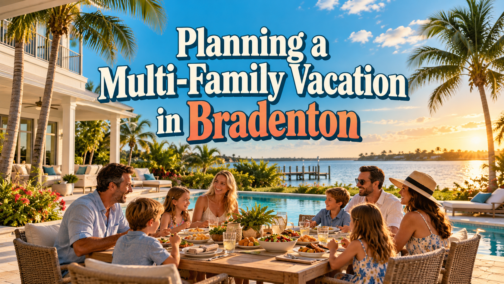 Family dining by a pool at a sunny waterfront resort, with text reading “Planning a Multi-Family Vacation in Bradenton”
