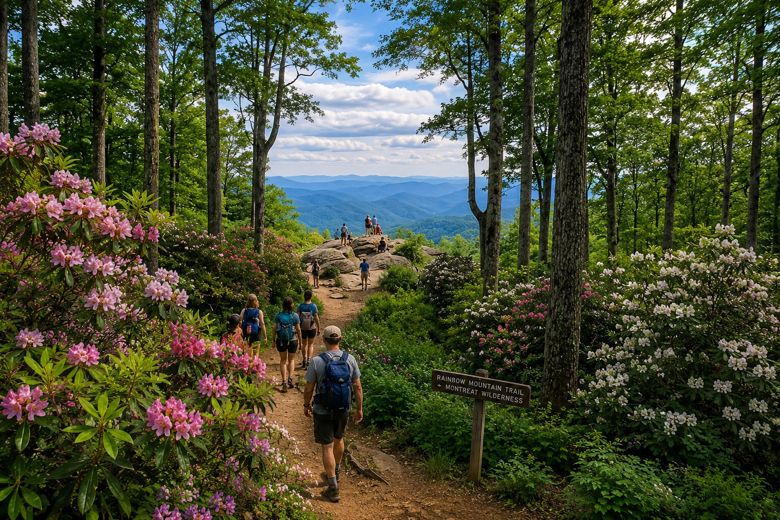 Hikers on a wooded trail overlooking mountains and a lake, framed by pink and white wildflowers