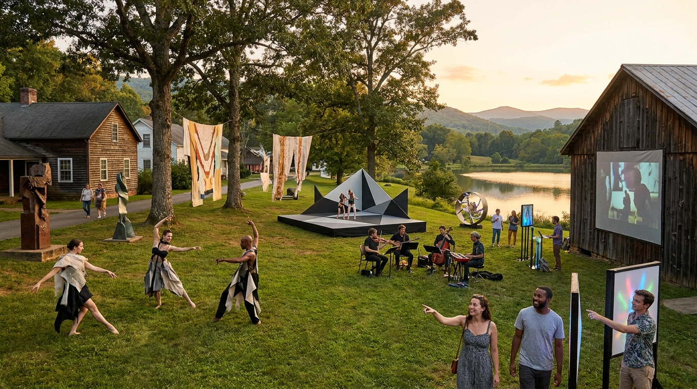 Outdoor music gathering by a lakeside cabin, with people dancing, a live band, and a sunset screen projection.