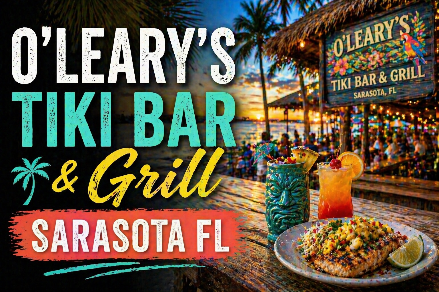 Outdoor restaurant seating on a sandy beach under palm trees, with wooden picnic tables and a thatched-roof bar.