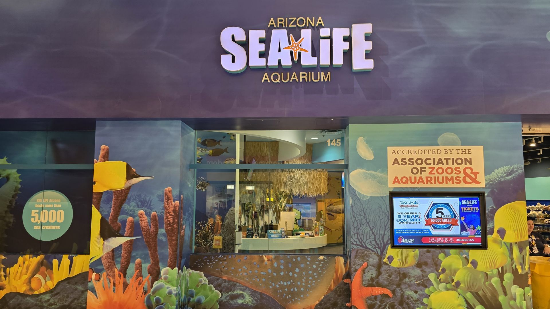 Entrance to Arizona SEA LIFE Aquarium with underwater mural and sign.