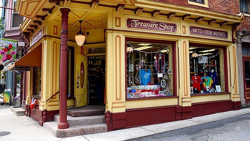 Exterior of a yellow and burgundy 