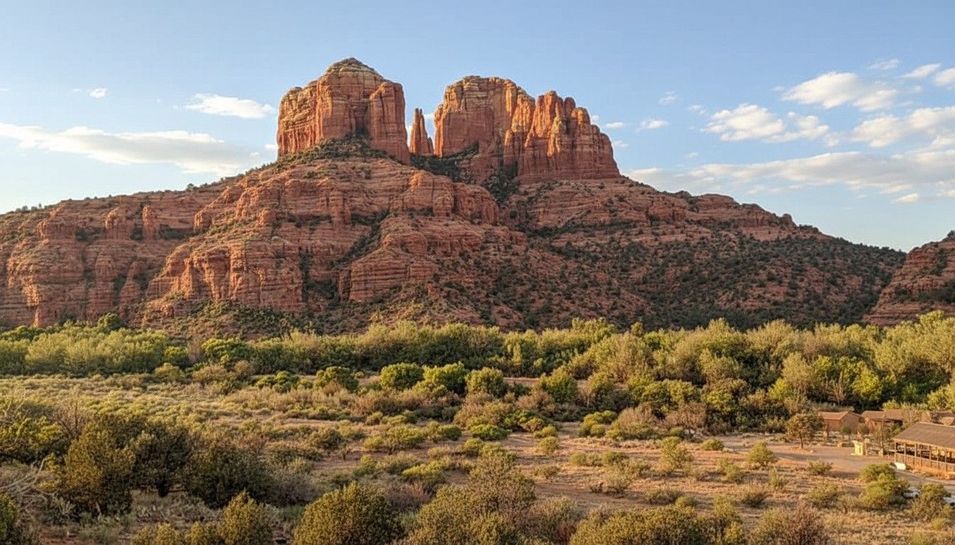 A massive red sandstone formation, Cathedral Rock, rises above a desert landscape with shrubs and trees under a blue sky.
