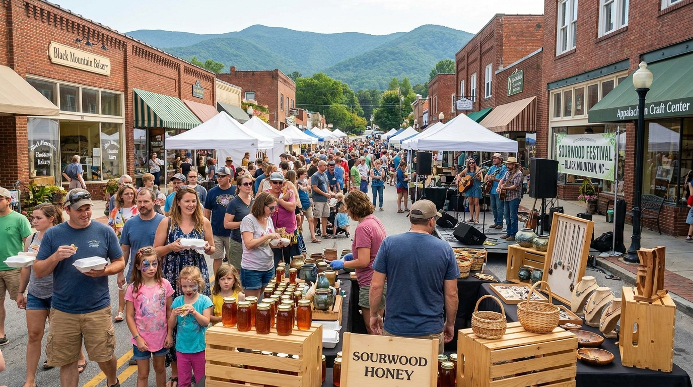 Busy outdoor market on a brick street with white tents, shoppers, and mountain backdrop