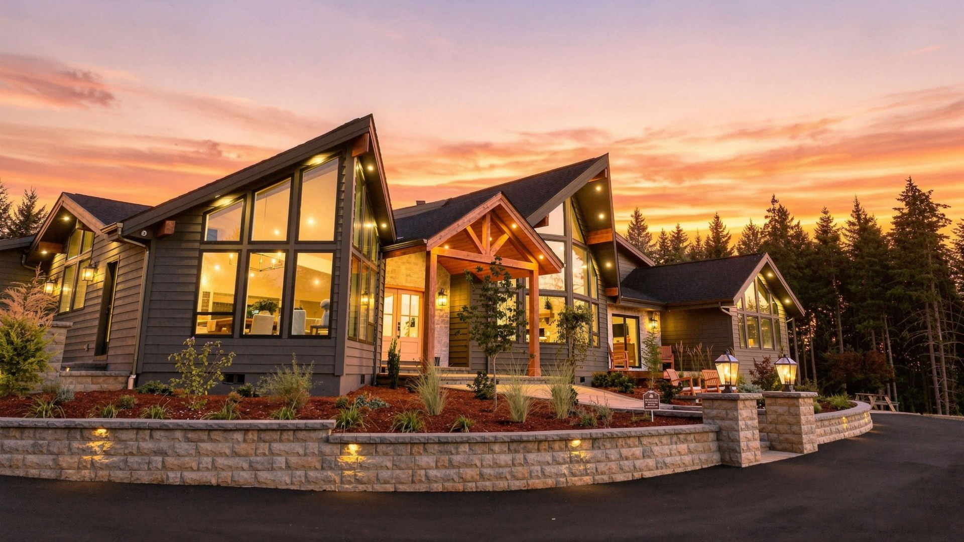 Modern mountain-style house with warm lights at sunset and a stone terrace framed by trees