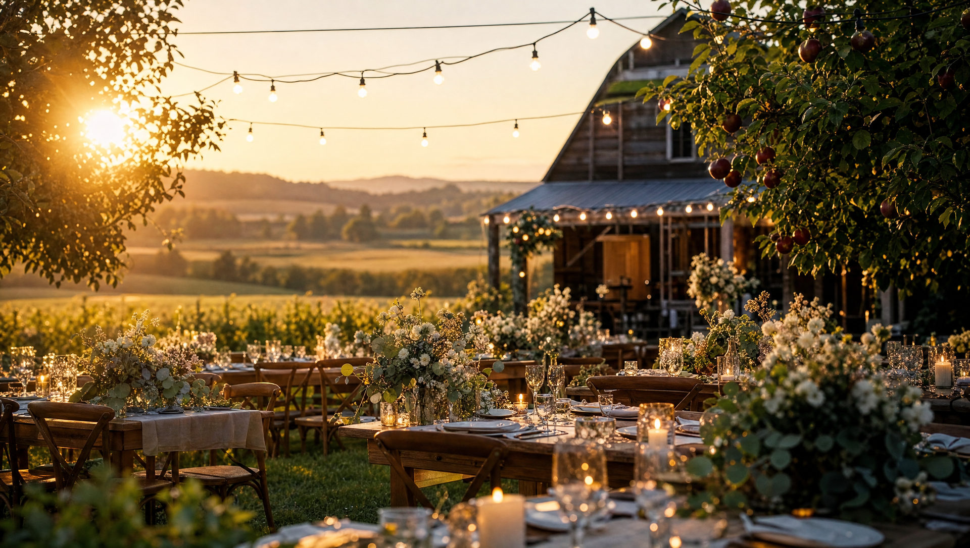 Sunset outdoor dining table beside a farmhouse, with string lights and flowers overlooking fields