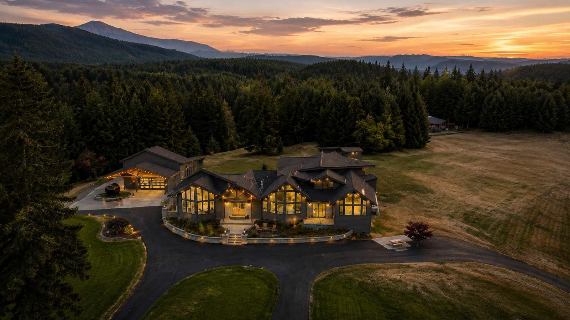 Large lit house at sunset beside a forest and open field, with mountains in the distance.