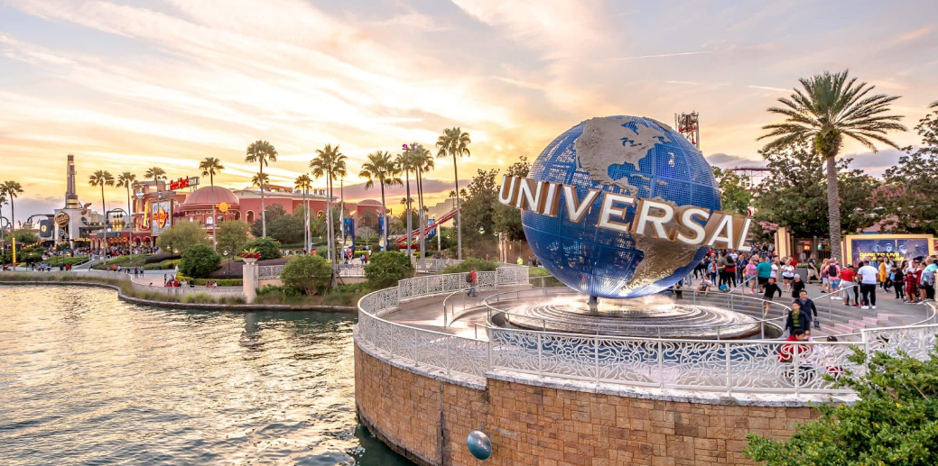 Universal Orlando Resort front entrance, where the Universal Studio globe is amid a water and is itself a fountain