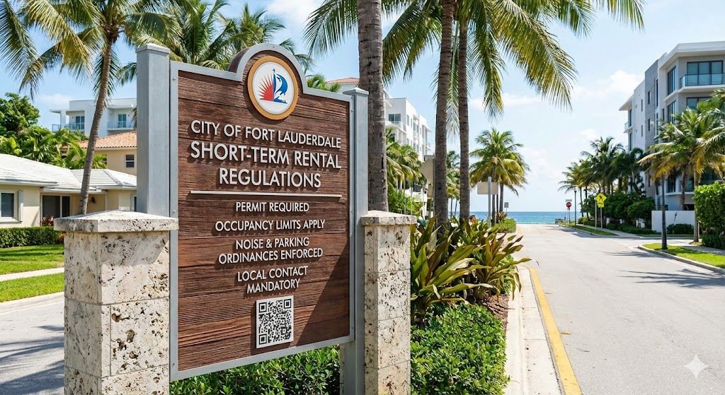 Sign for short-term rental regulations in the City of Lauderdale-by-the-Sea, Florida, near the beach.