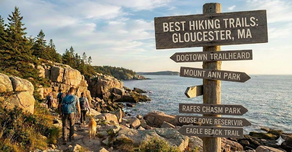 Hikers on a coastal trail in Gloucester, MA, passing a signpost for best hiking trails, overlooking the ocean.