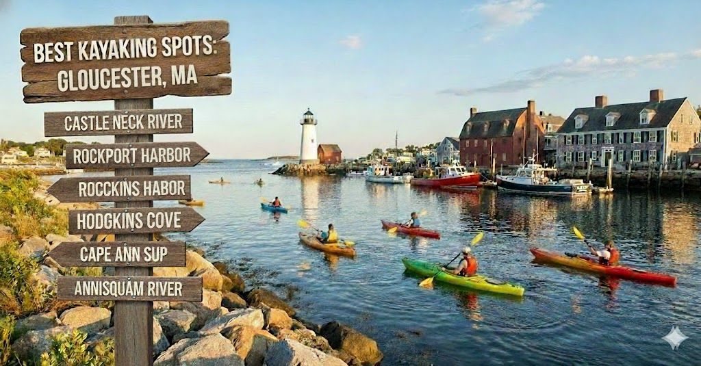 Kayakers paddling in Gloucester, MA harbor near a lighthouse and wooden sign listing best kayaking spots.