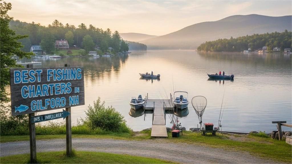 Lake scene with fishing boats, dock, and a sign that reads