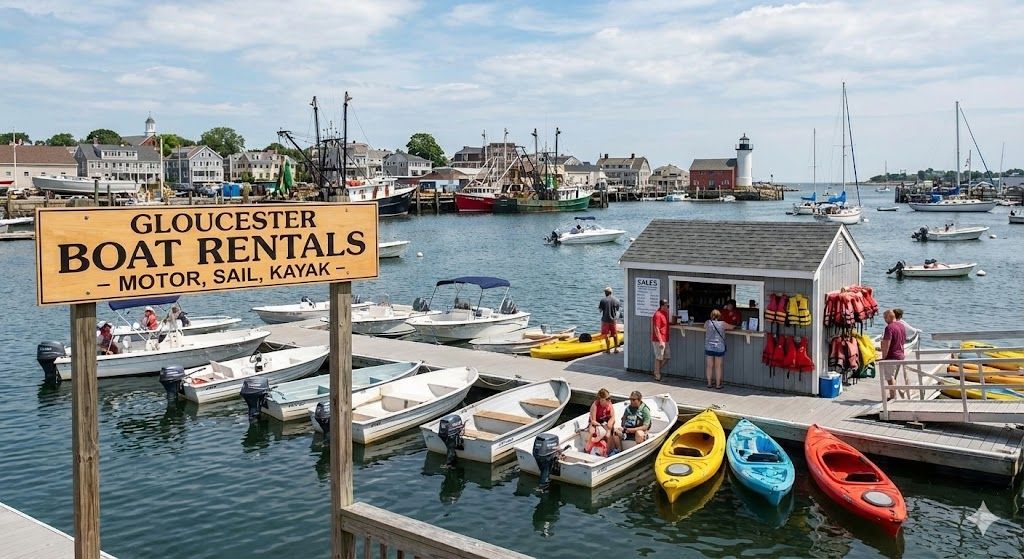 Gloucester Boat Rentals harbor with boats and kayaks; a wooden shack offers life vests.