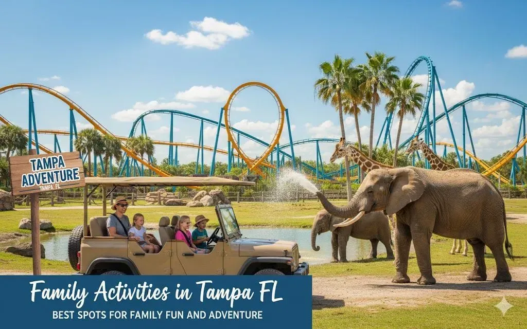 People riding an open tram past elephants at a zoo, with a roller coaster and palm trees in the background.