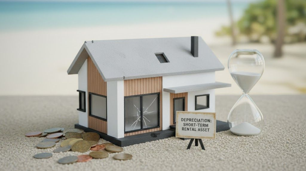 Small house with broken window, coins, hourglass, sign on a beach, suggesting financial trouble and time running out.