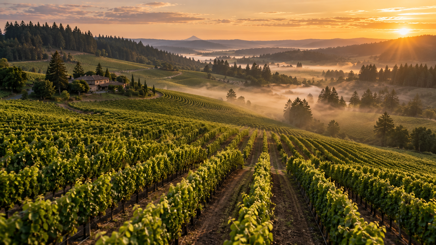 Sunrise over rolling vineyards with misty hills and a forested horizon