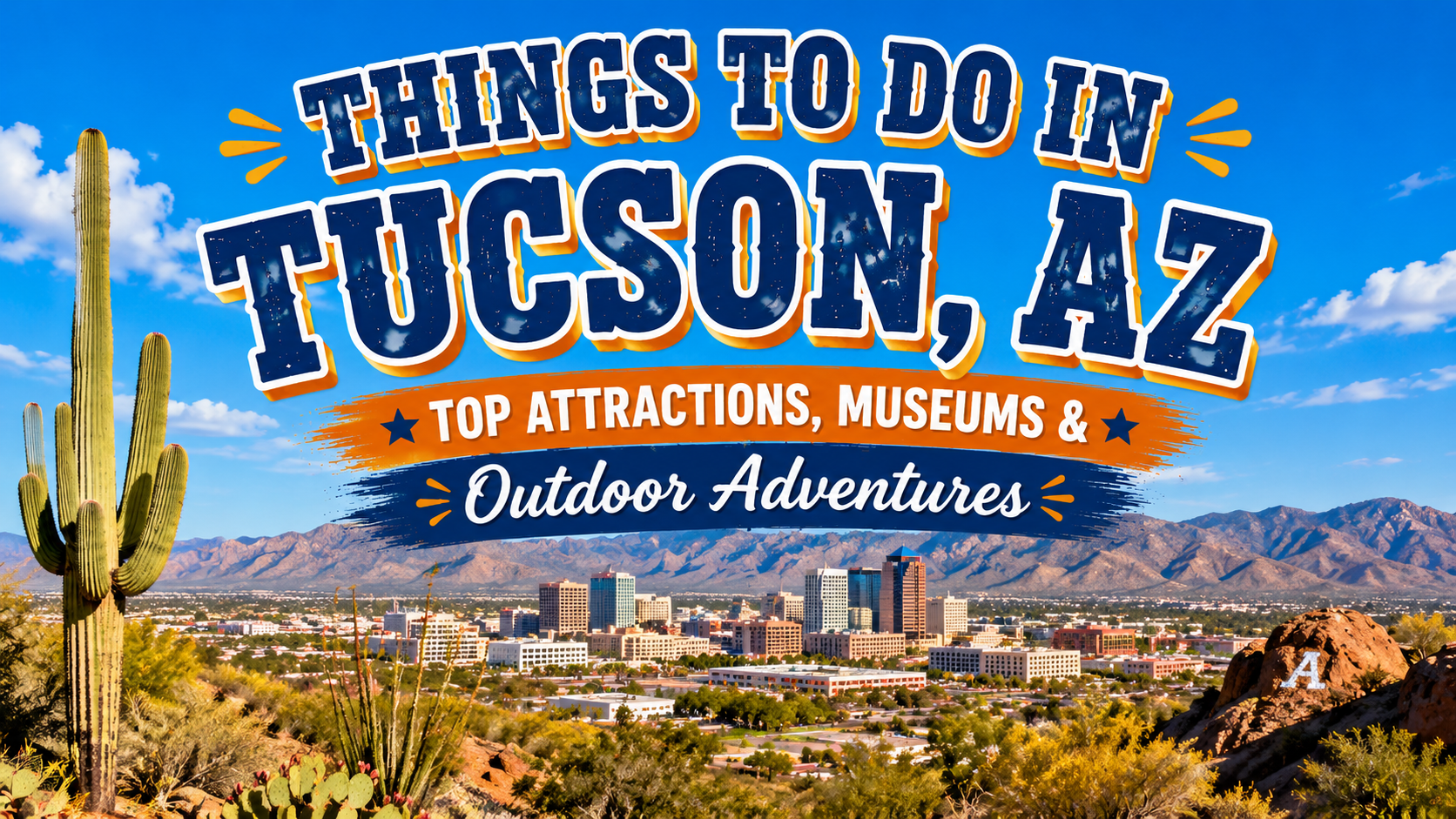 “Things to do in Tucson, AZ” banner over a desert cityscape with cacti and mountains