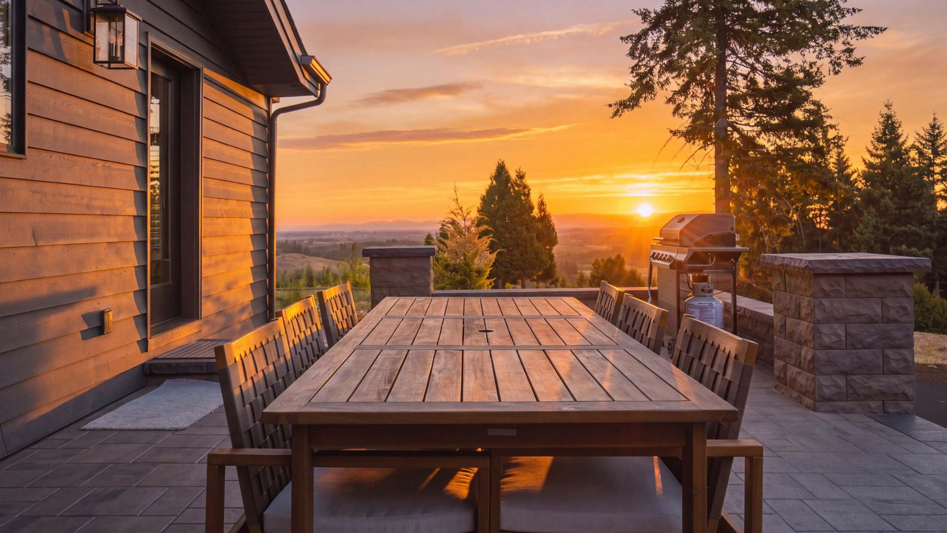 Wooden deck dining table at sunset with mountains, trees, and a rustic cabin view