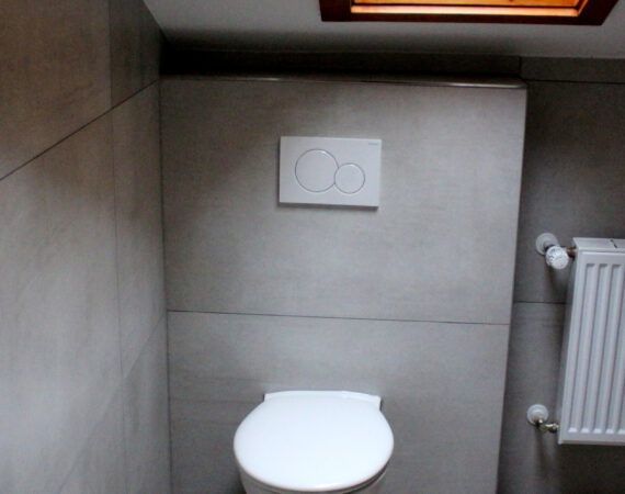 Eine Toilette in einem Badezimmer mit grau gefliesten Wänden und einem weißen Zweimengenspülknopf über der Toilette.