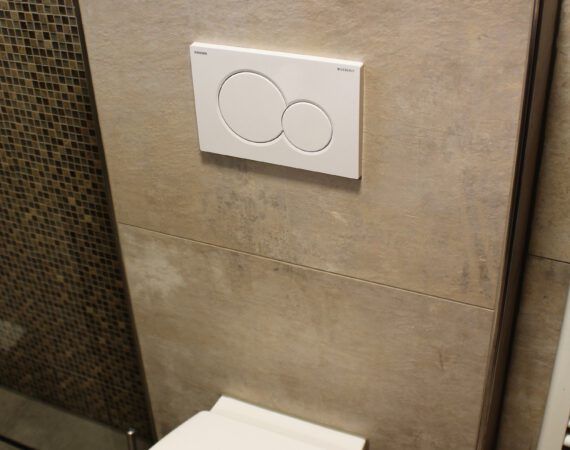 Weißer Zweimengenspülknopf an beigefarbener Fliesenwand über dem Toilettensitz.