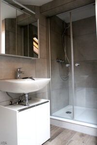 Kleines, modernes Badezimmer mit Waschbecken, Dusche und Spiegelschrank; grau und weiß.