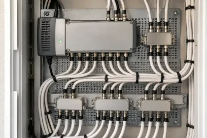Amplificadores y conexiones coaxiales en un armario de televisión.