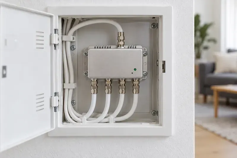 Equipo de distribución de televisión con conexiones coaxiales en un armario interior.