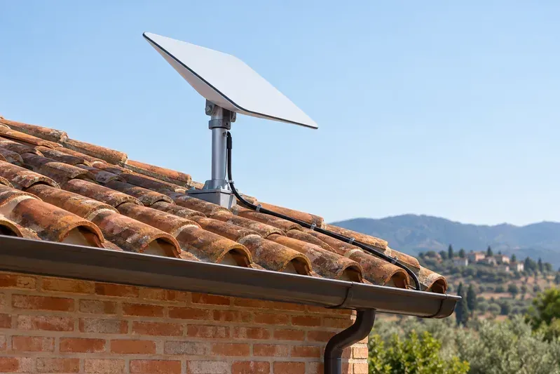 Antena rectangular de internet por satélite fijada sobre la cubierta de una vivienda.