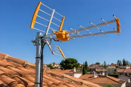 Antena TDT instalada en un mástil sobre un tejado de tejas.
