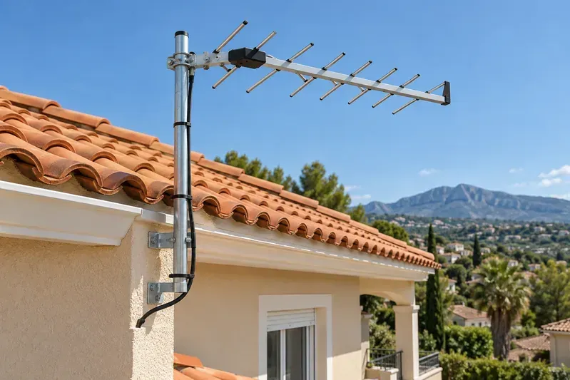 Antena TDT fijada a un mástil en el tejado de una vivienda.