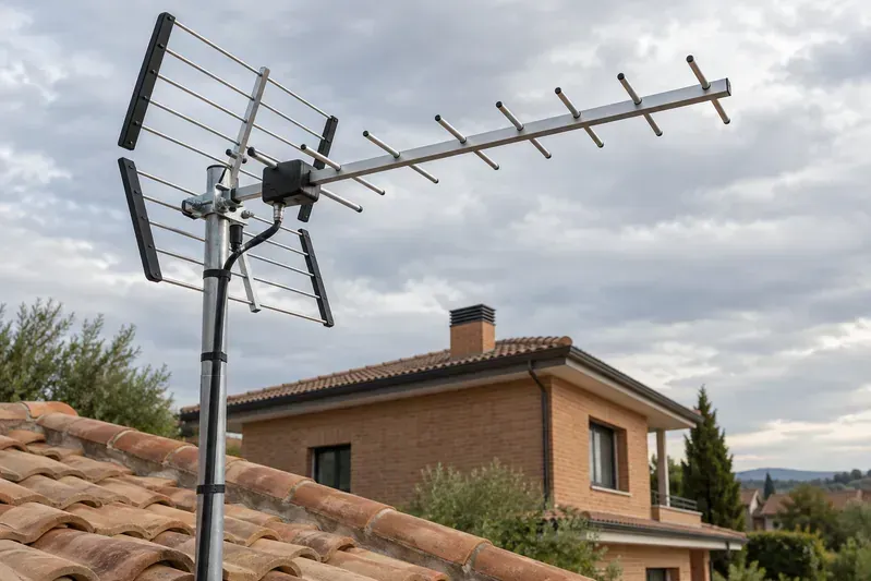 Antena de televisión terrestre instalada sobre el tejado de una casa de ladrillo.