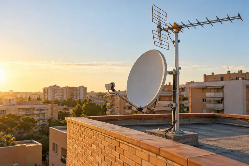 Antena terrestre y parabólica fijadas en la cubierta de un edificio residencial.