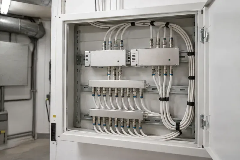 Equipos de amplificación y cableado coaxial en una cabecera de televisión comunitaria.