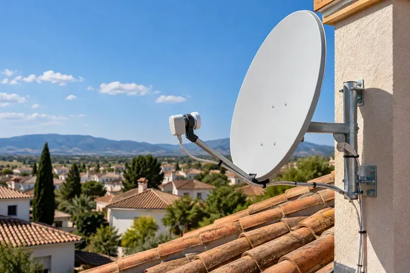 Antena parabólica con su soporte y LNB en Alovera