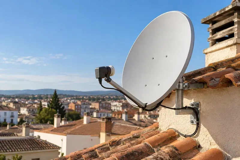 Antena parabólica con su soporte y LNB en Cabanillas del Campo