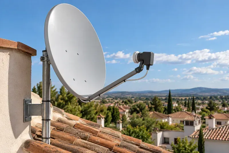 Antena parabólica con su soporte y LNB en El Casar